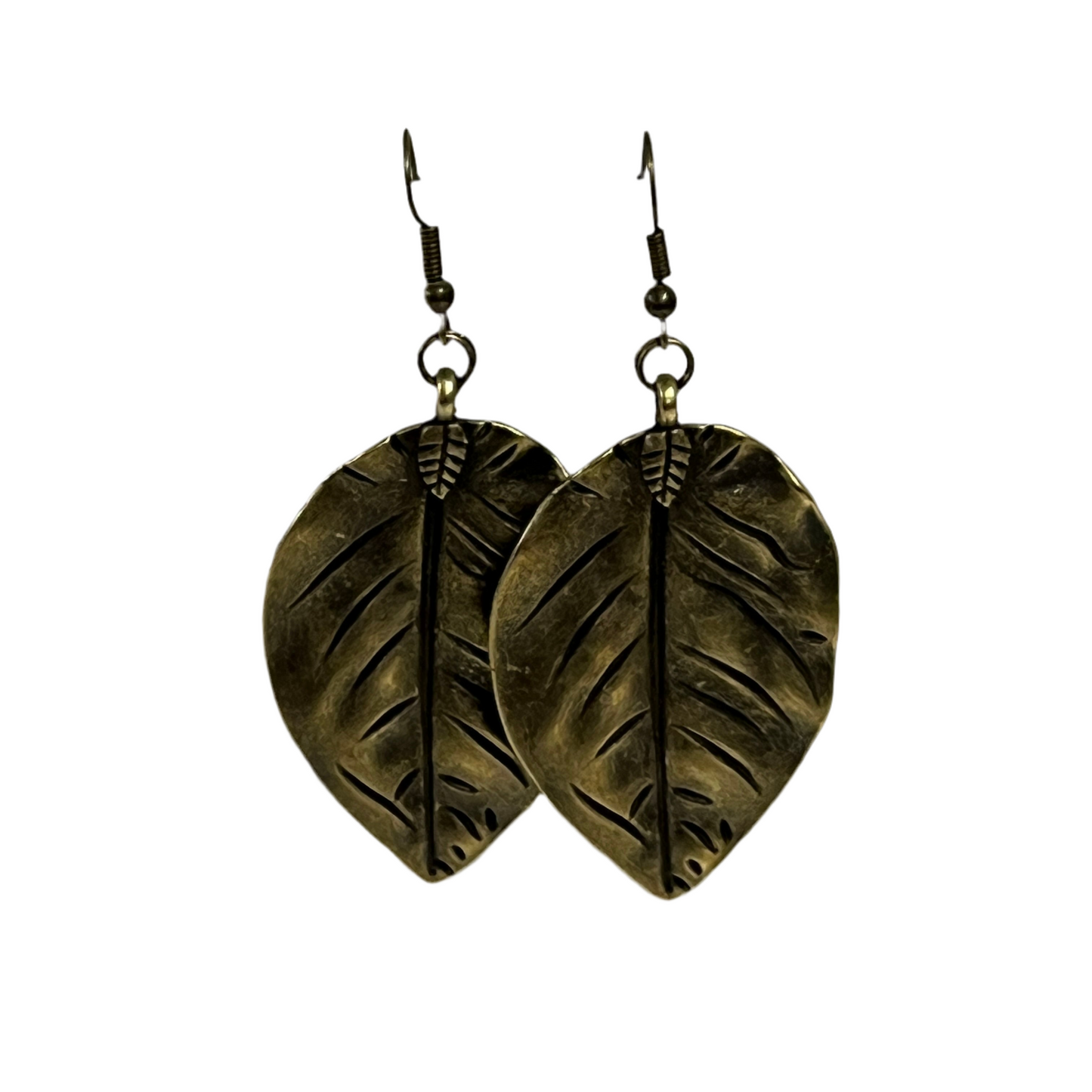 Bronze leaf-shaped earrings on a white background