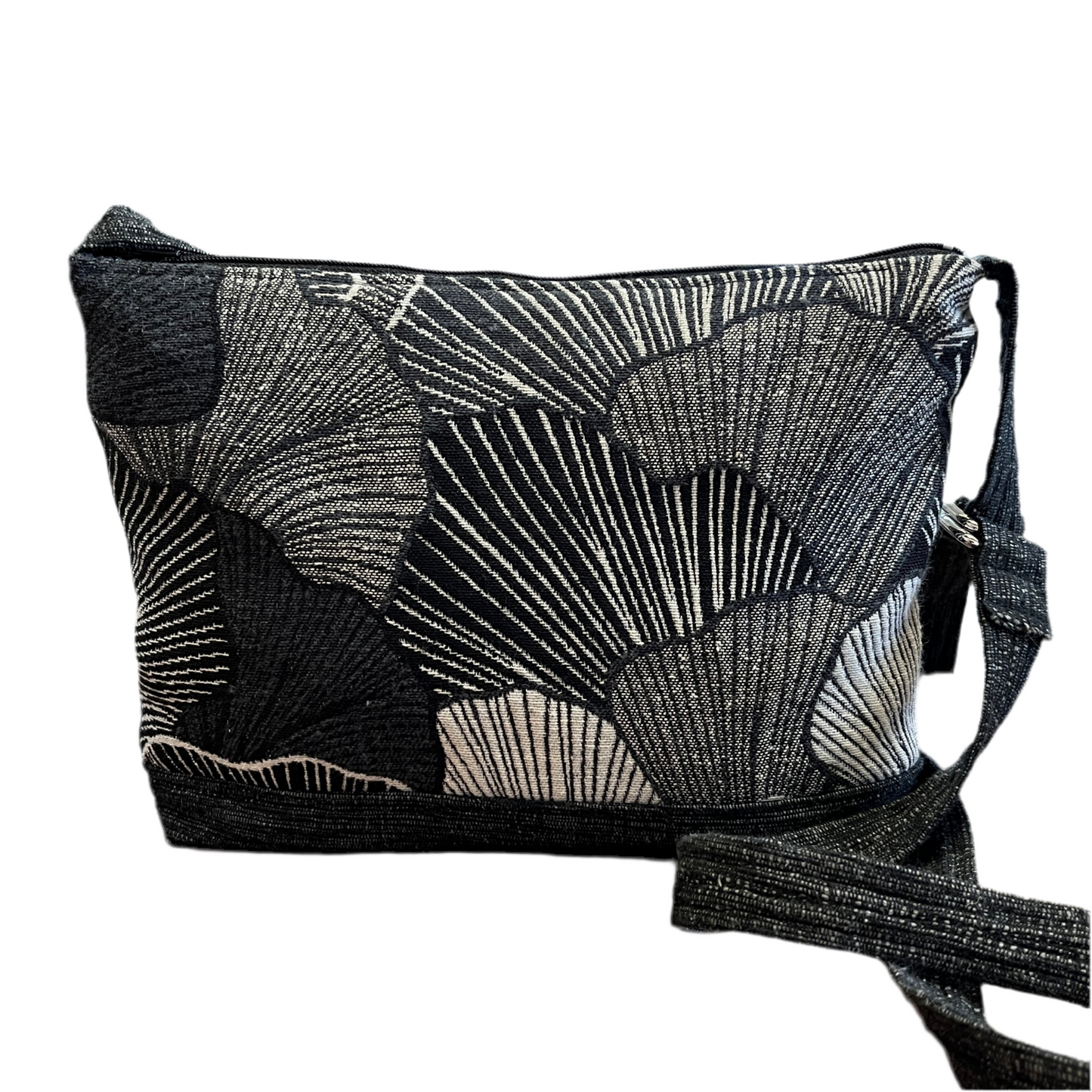 Black and white Gingko leaf patterned crossbody bag on a white background