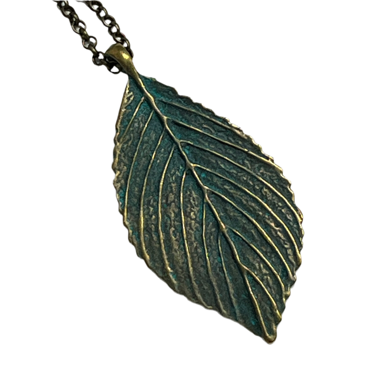 Bronze leaf-shaped pendant on a chain against a white background