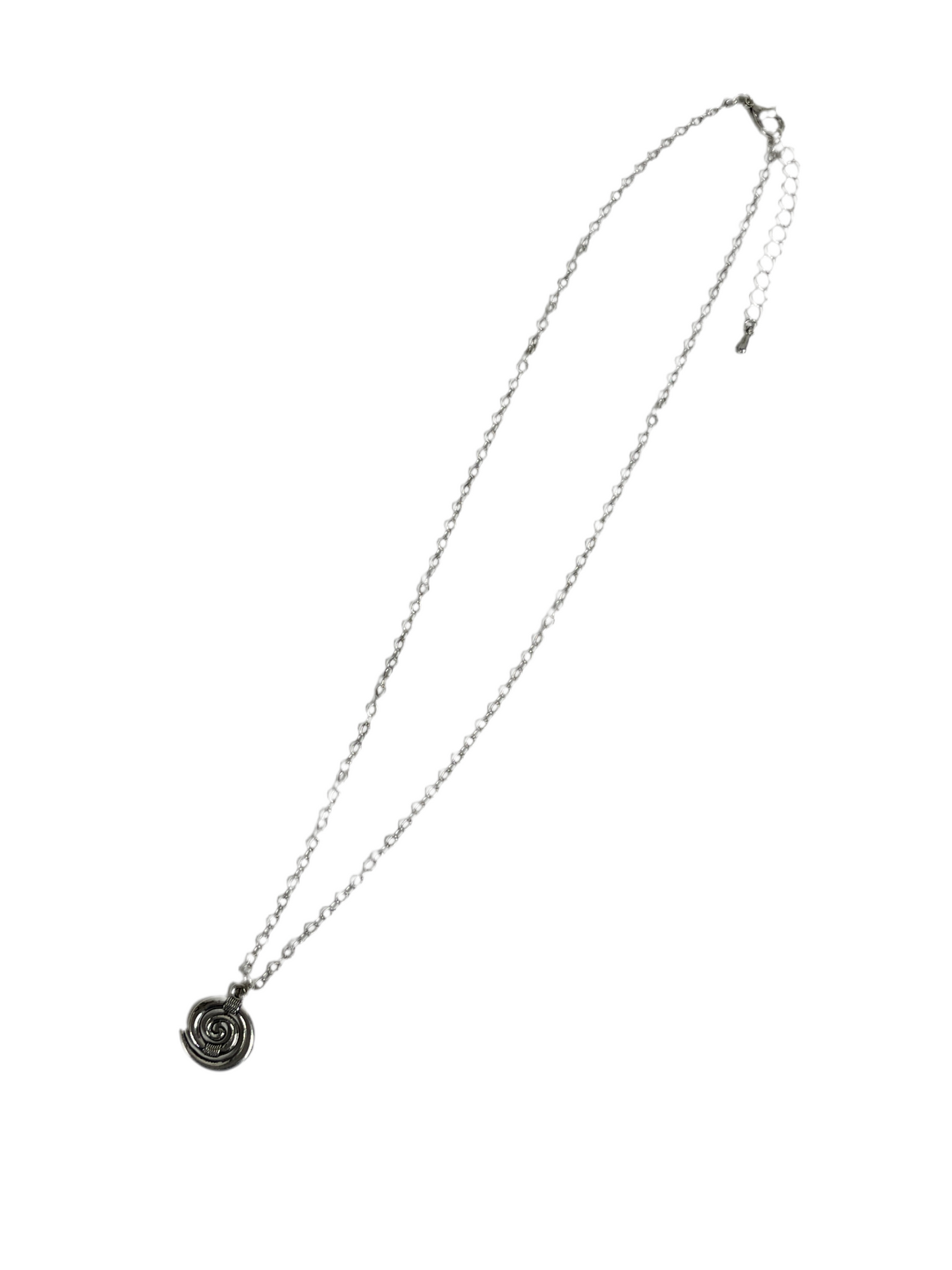 Necklace with a rsilver koru spiral pendant on a white background