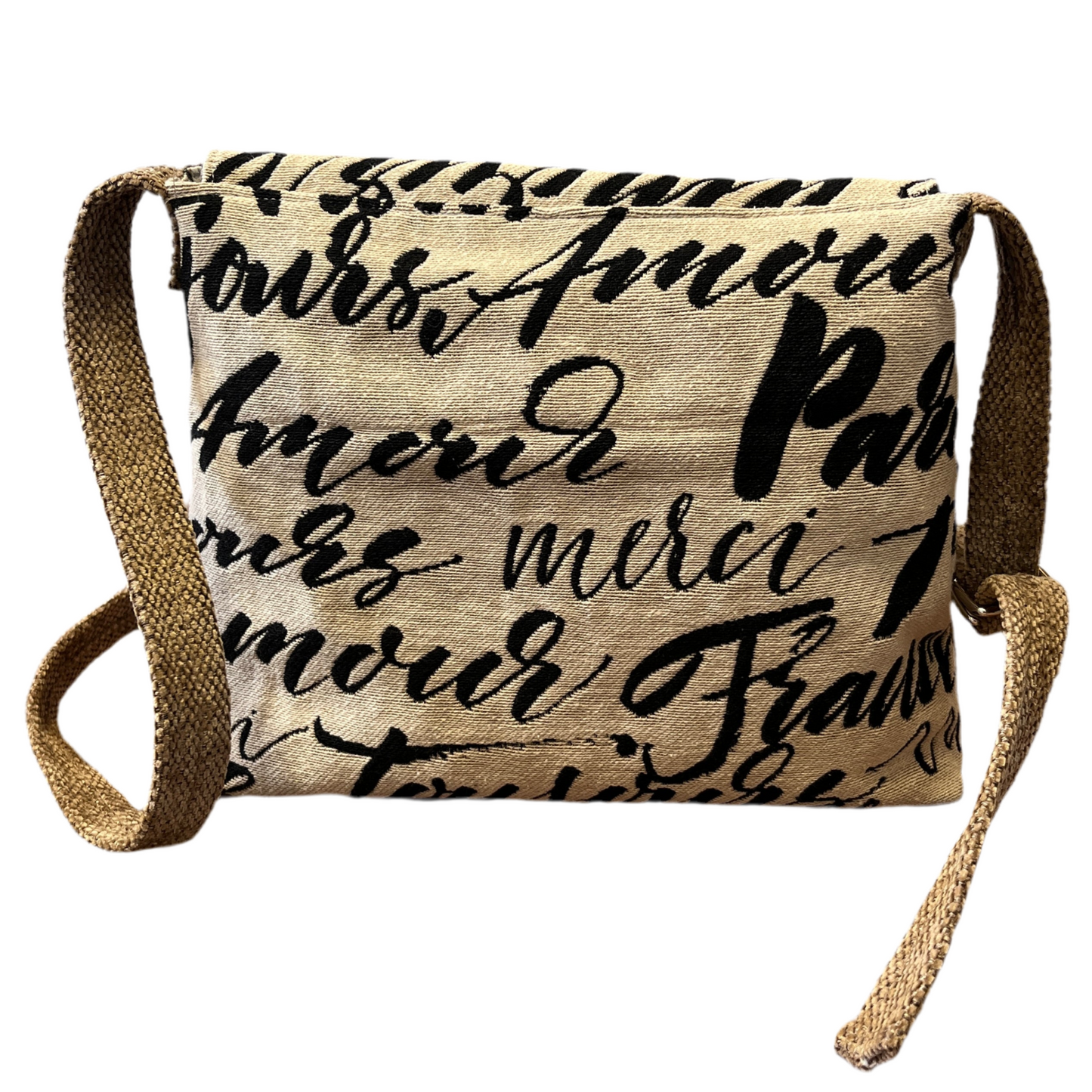 Two-tone Paris print tapestry handbag with beige velour panel and base, handmade in New Zealand by LouLou