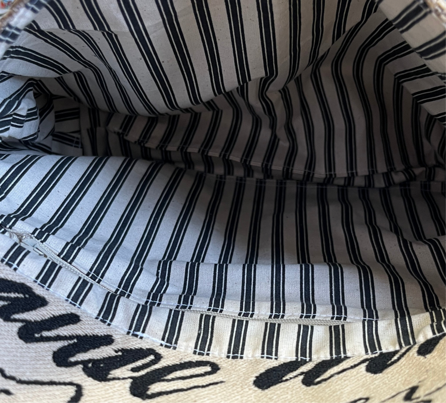 Two-tone Paris print tapestry handbag with beige velour panel and base, cotton striped lining, handmade in New Zealand by LouLou
