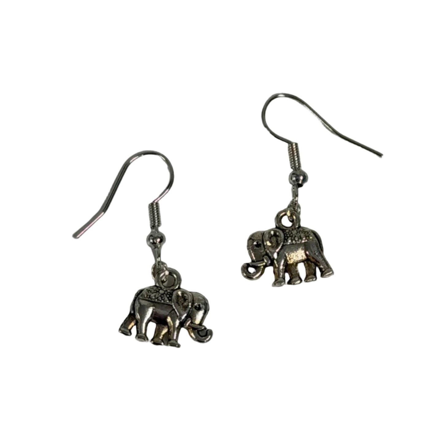 A pair of silver elephant dangle earrings with fishhook backings.