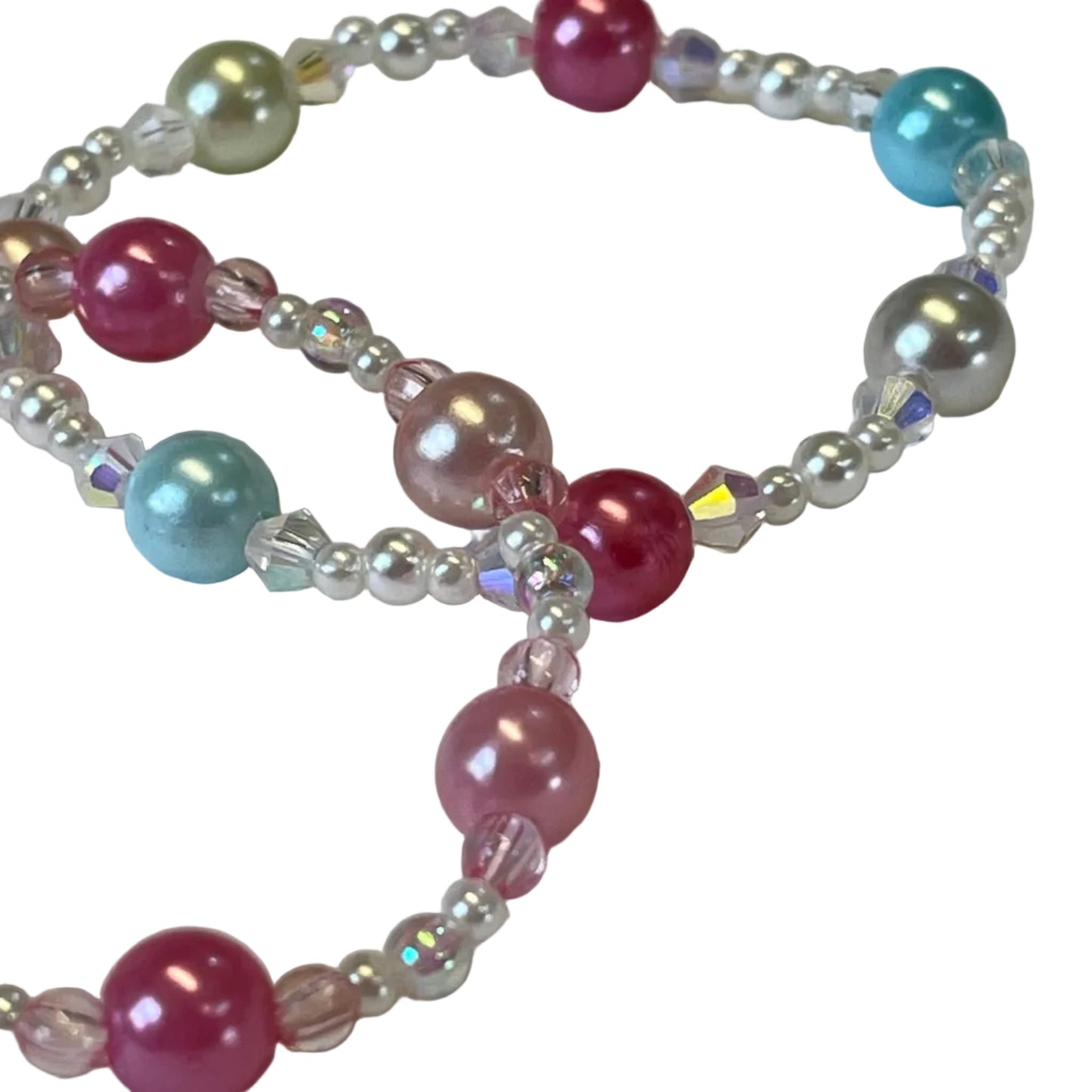 Beaded necklace with pink, green, and clear beads