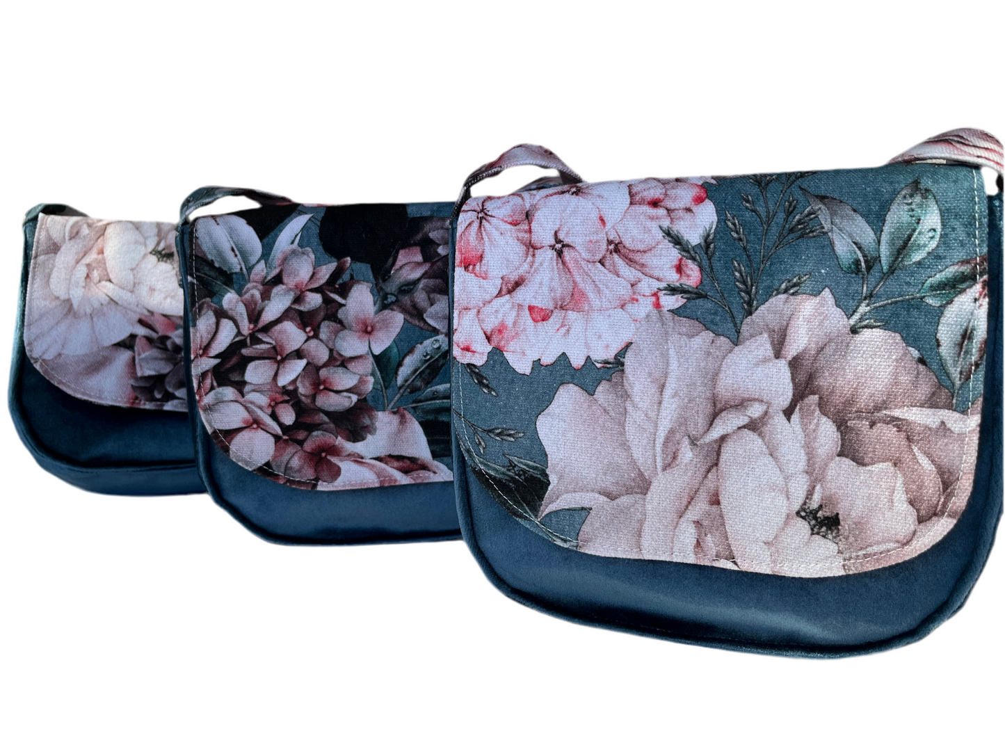 Floral-patterned bags denim look hydrangeas on a white background