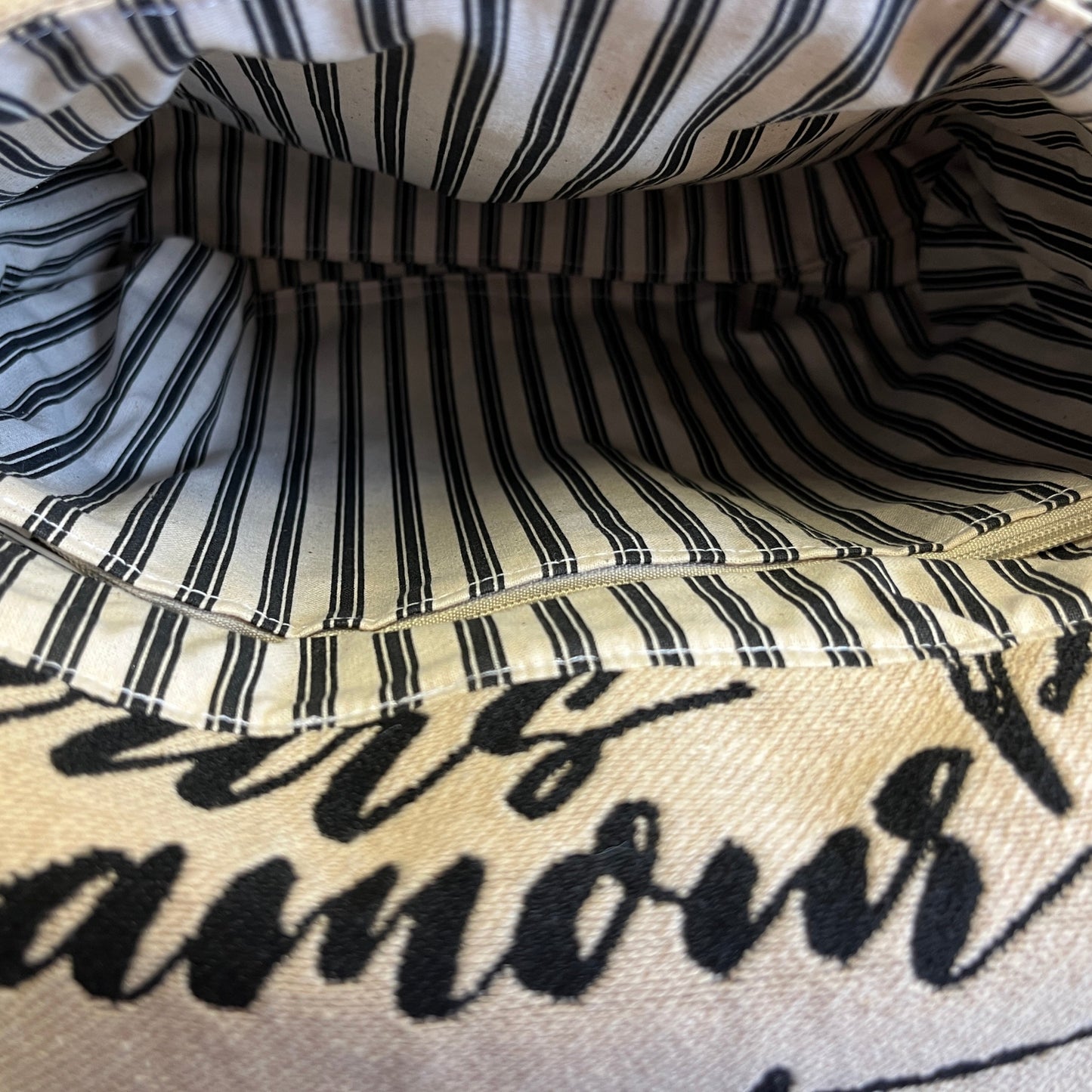Paris print tapestry handbag with beige velour base, cotton stripe lining handmade in New Zealand by LouLou