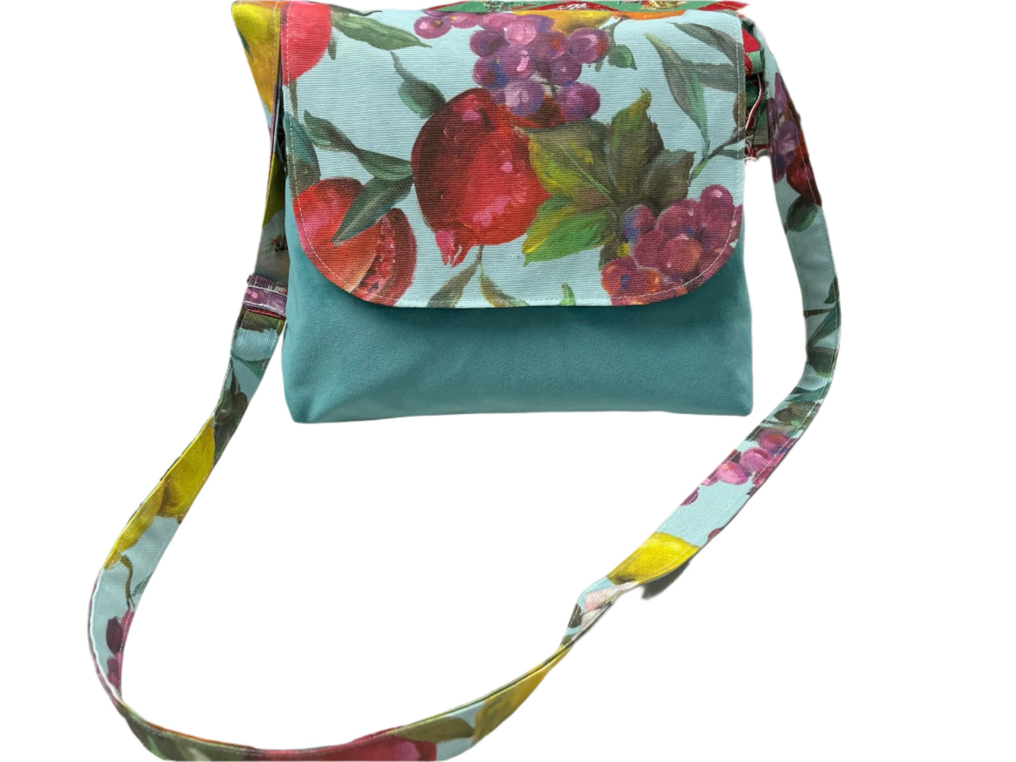 Floral fruit print canvas handbag with teal polyester velour base, handmade in New Zealand by LouLou