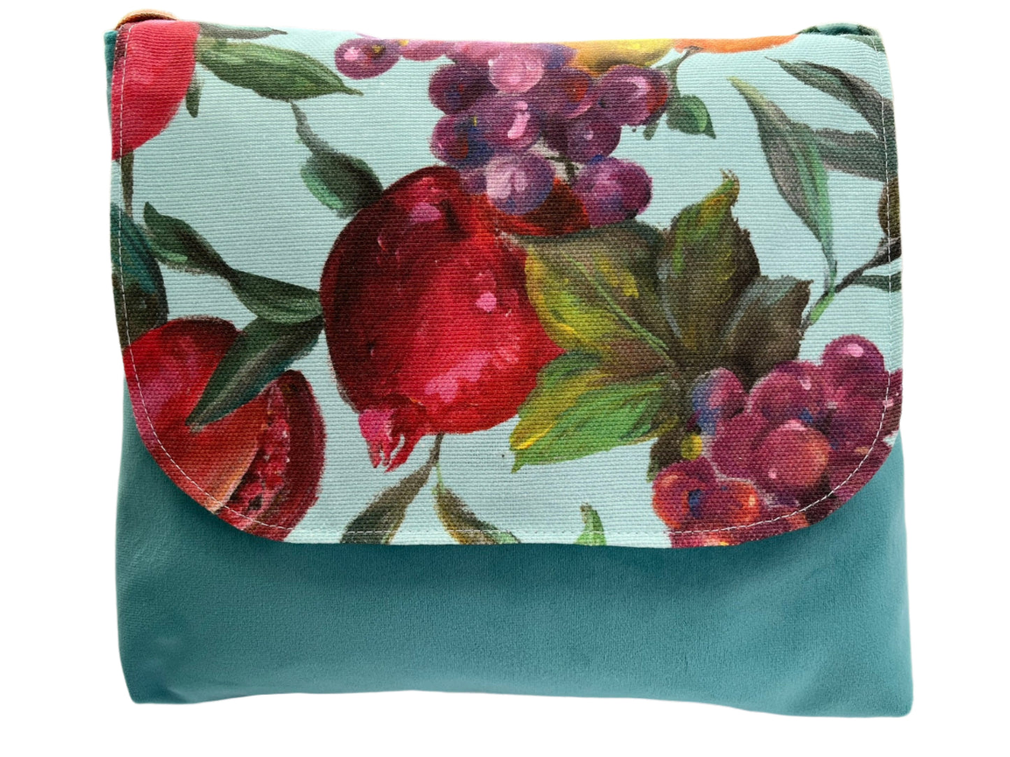 Floral fruit print canvas handbag with teal polyester velour base, handmade in New Zealand by LouLou