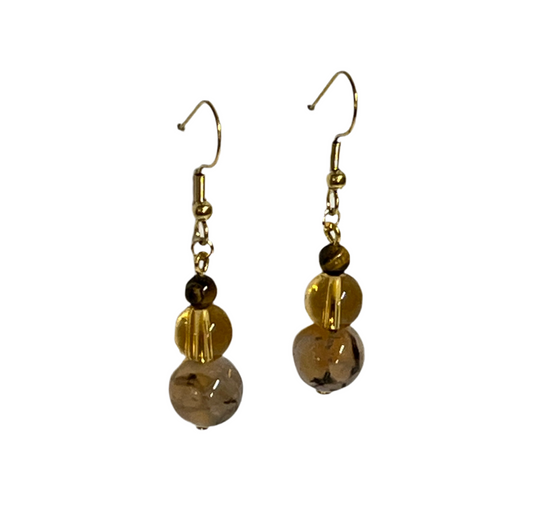 Rose Taupe Stone & Glass with Bronze Cat’s Eye Bead Earrings
