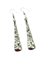 Pair of long silver teardrop earrings on a white background