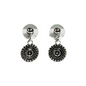 Pair of silver earrings with circular designs on a white background