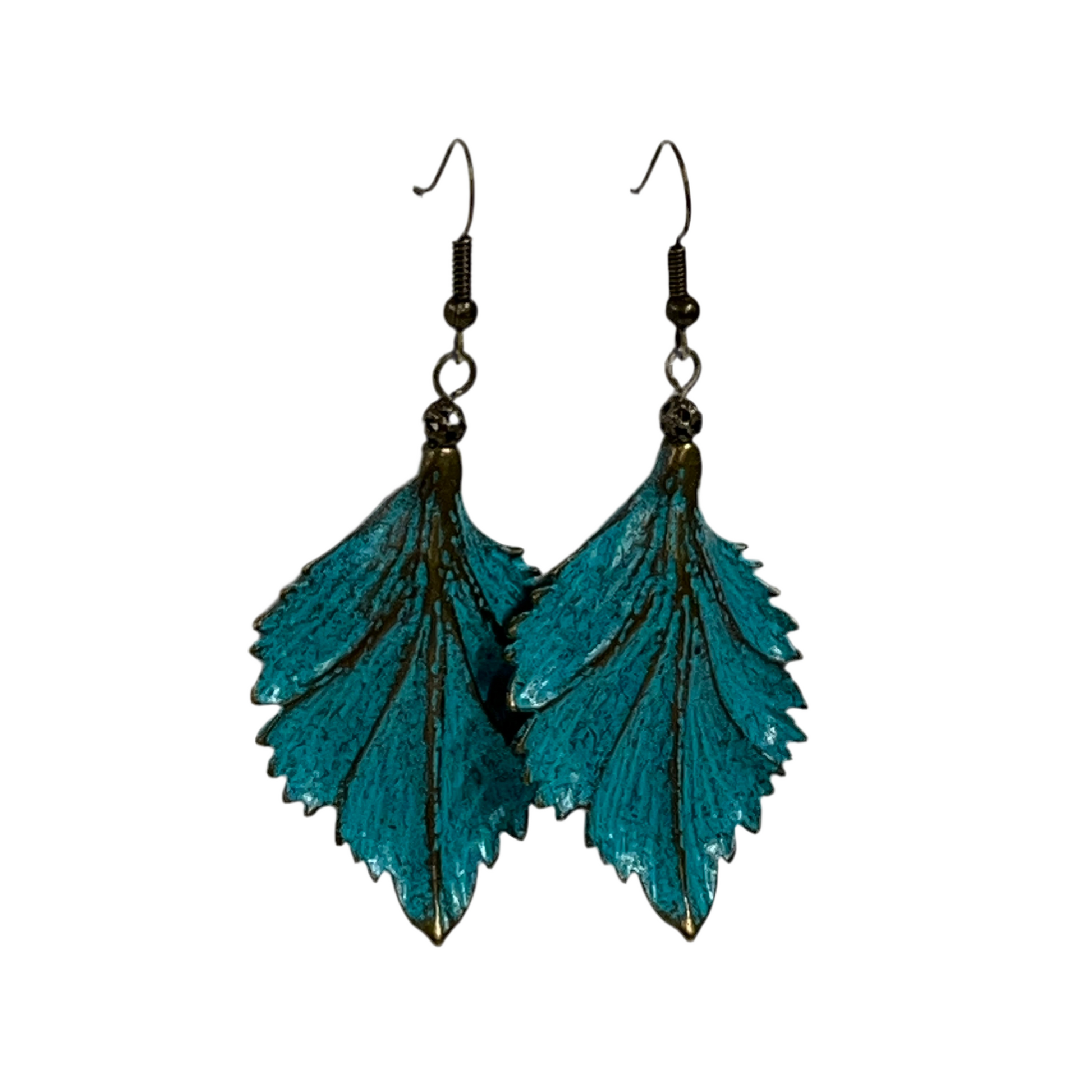 Teal verdigris leaf-shaped earrings on a white background