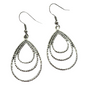 Pair of silver triple wire teardrop earrings on a white background