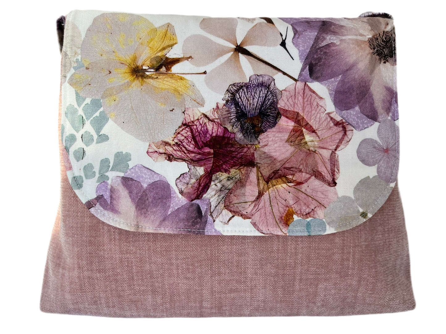 Pastel Floral-patterned shoulder bag with a textured fabric base on a white background