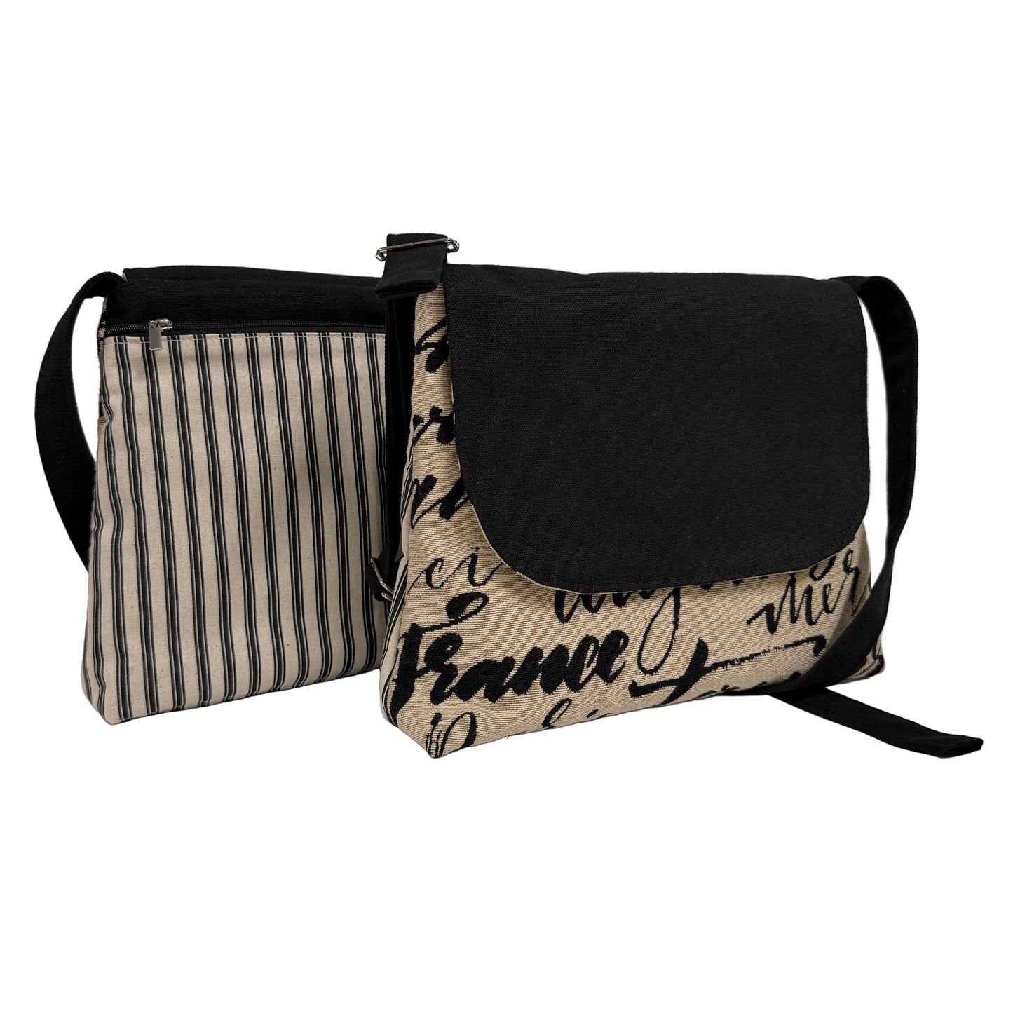 Paris Print Tapestry, Stripe & Black Two-Tone Handbag – Handmade NZ