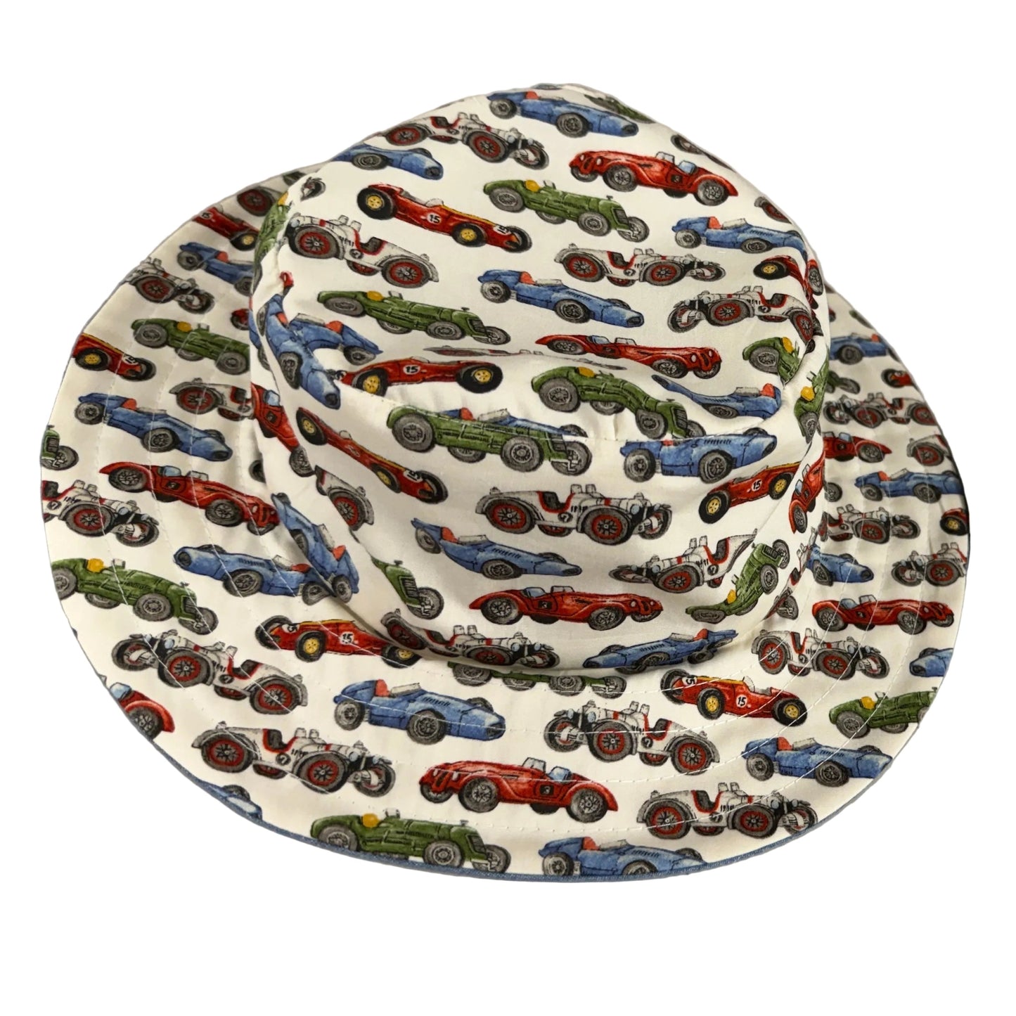 Sunhat childrens reversible cotton car print denim blue