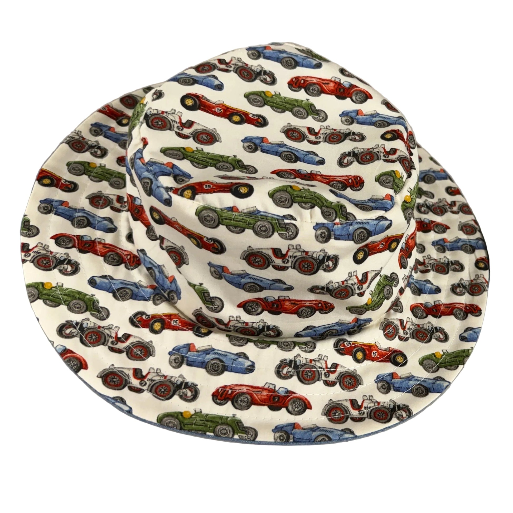 Sunhat childrens reversible cotton car print denim blue