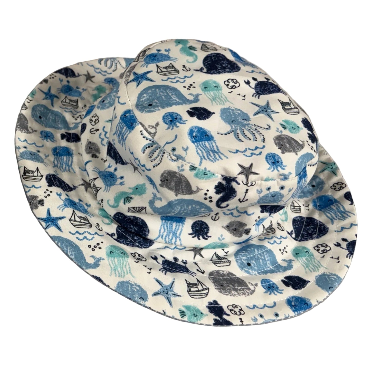 childrens sunhat reversible sea theme blue