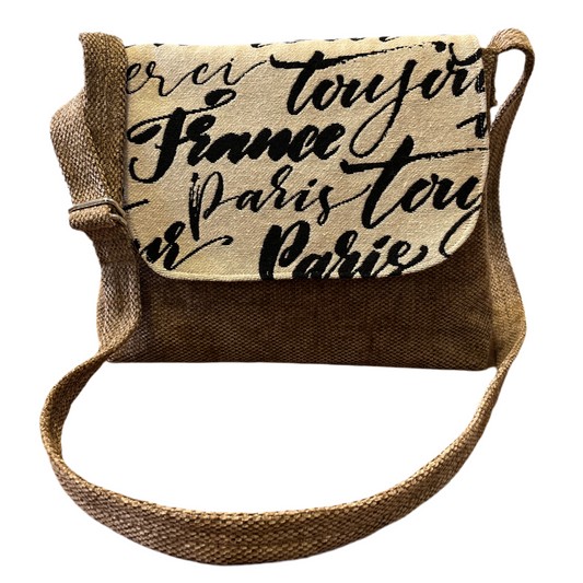 Two-tone Paris print tapestry handbag with beige velour panel and base, handmade in New Zealand by LouLou