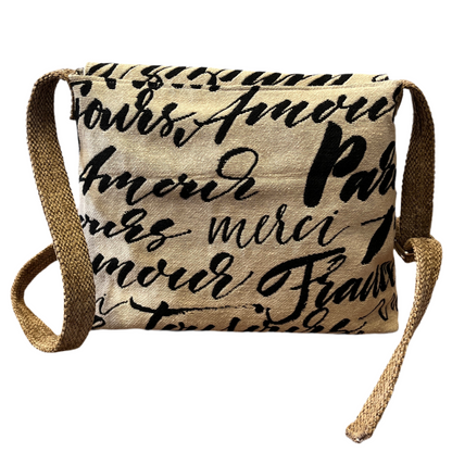 Two-tone Paris print tapestry handbag with beige velour panel and base, handmade in New Zealand by LouLou