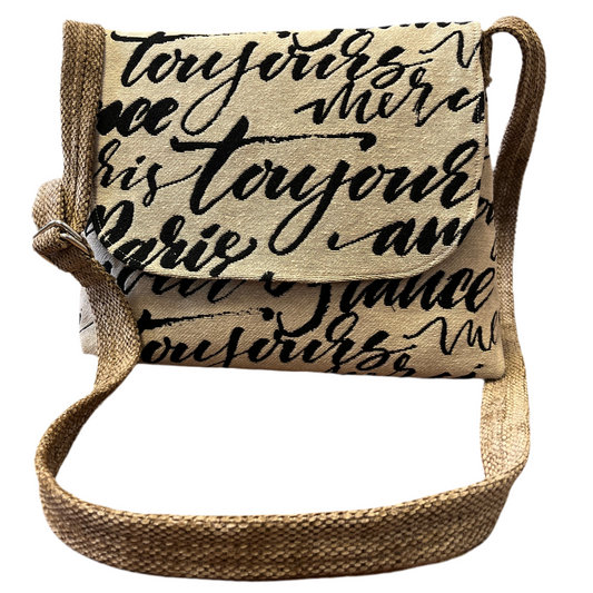Paris print tapestry handbag with beige velour base, handmade in New Zealand by LouLou