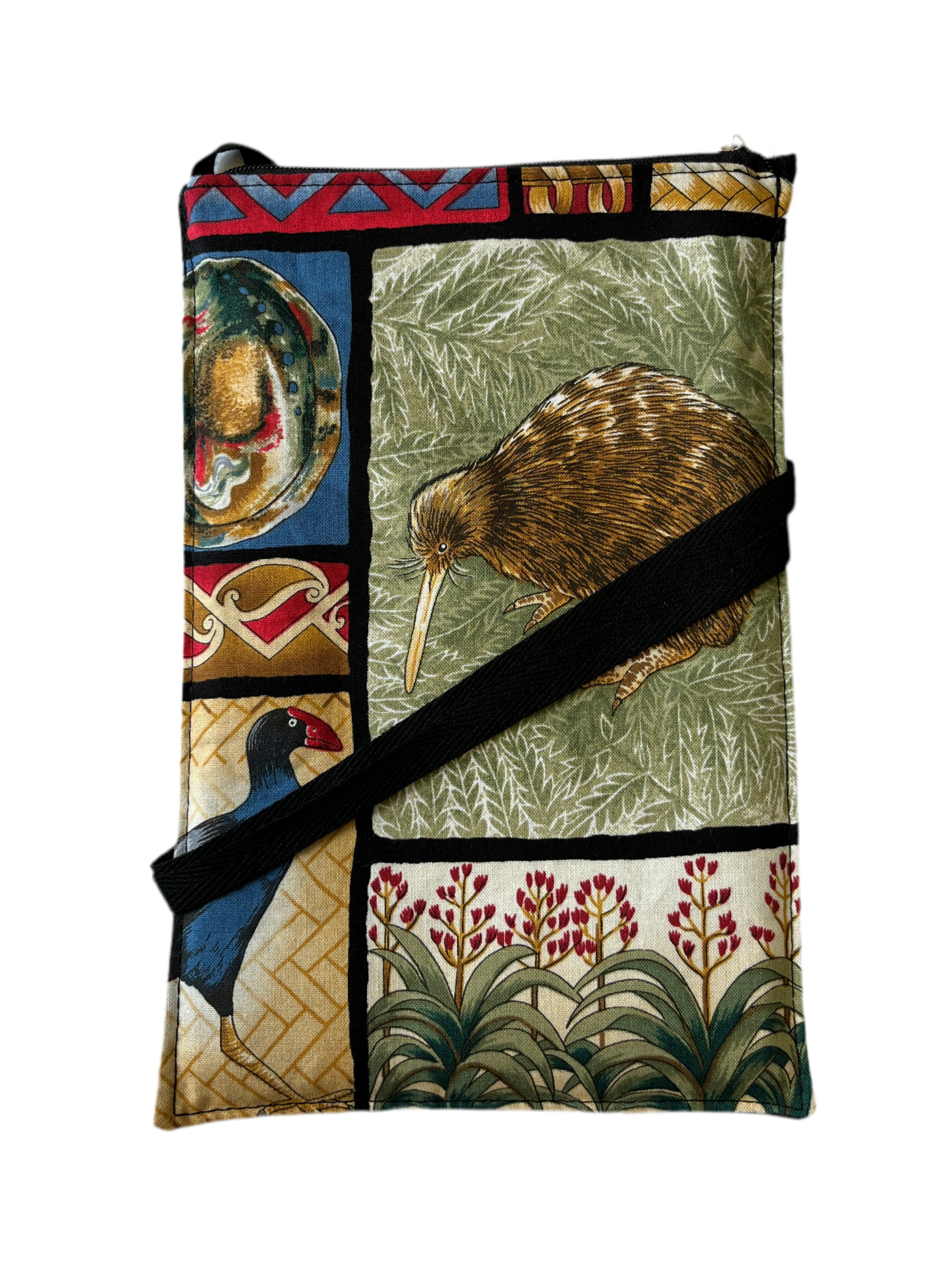 Phone bag with kiwi bird paua shell and pukeko design.