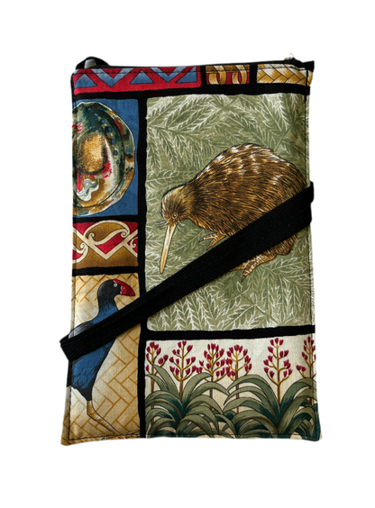 Phone bag with kiwi bird paua shell and pukeko design.