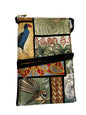 Handmade mobile phone bag with Kiwiana patchwork print featuring pūkeko, pīwakawaka, sheep, and native flora.