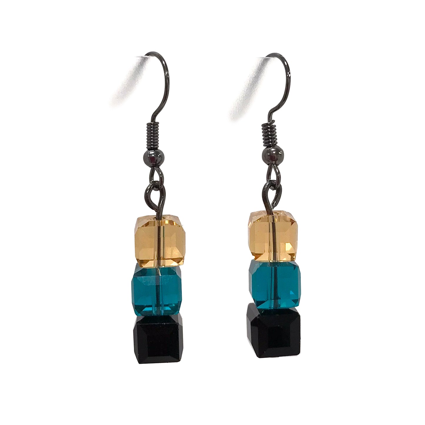 Gold turquoise and black square bead drop earrings