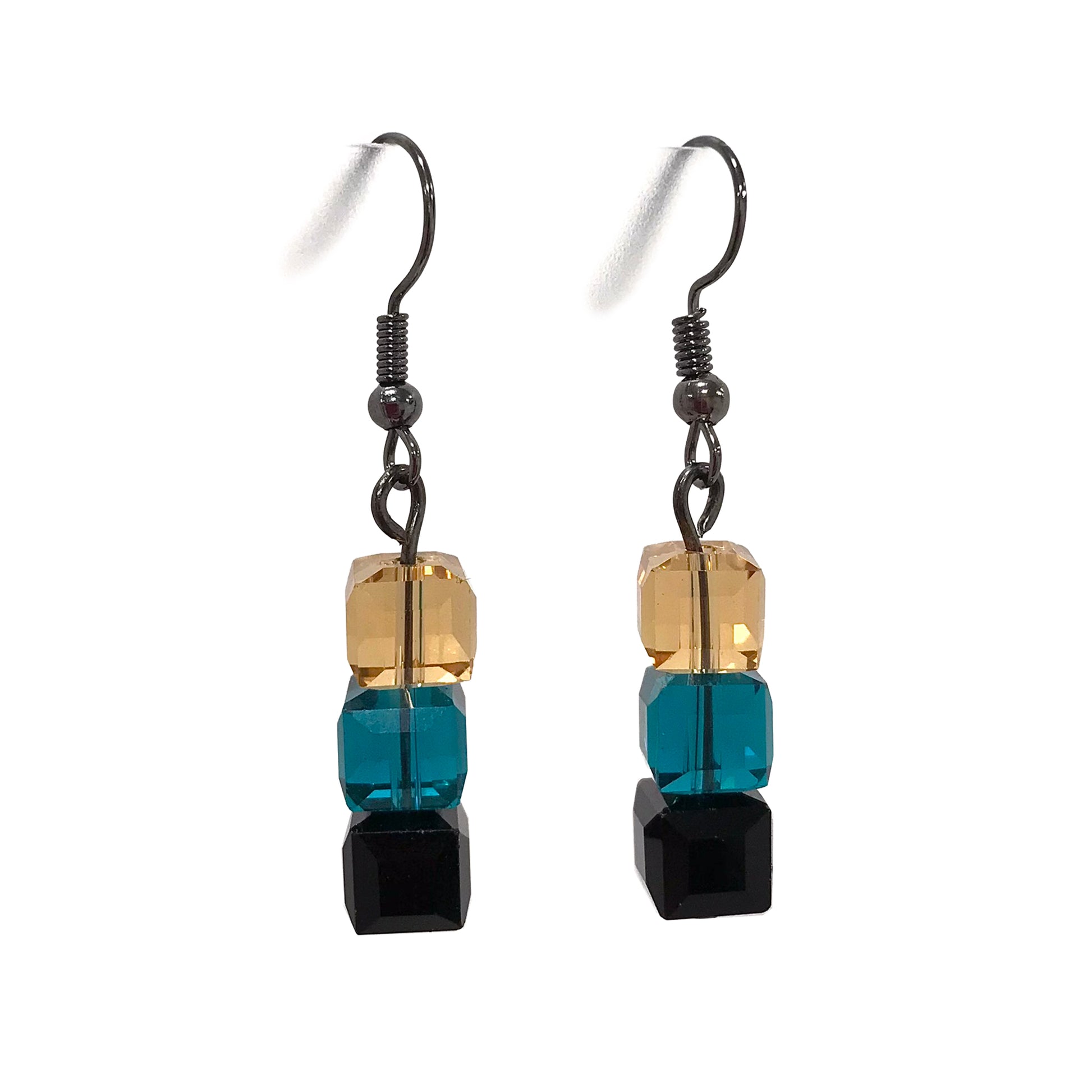 Gold turquoise and black square bead drop earrings