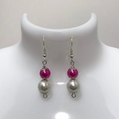 Pink Silver Pearl 2 Bead Earring