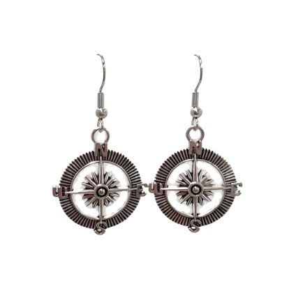 Silver Compass Drop Earrings