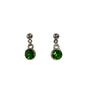 Pair of silver earrings with green gemstones on a white background