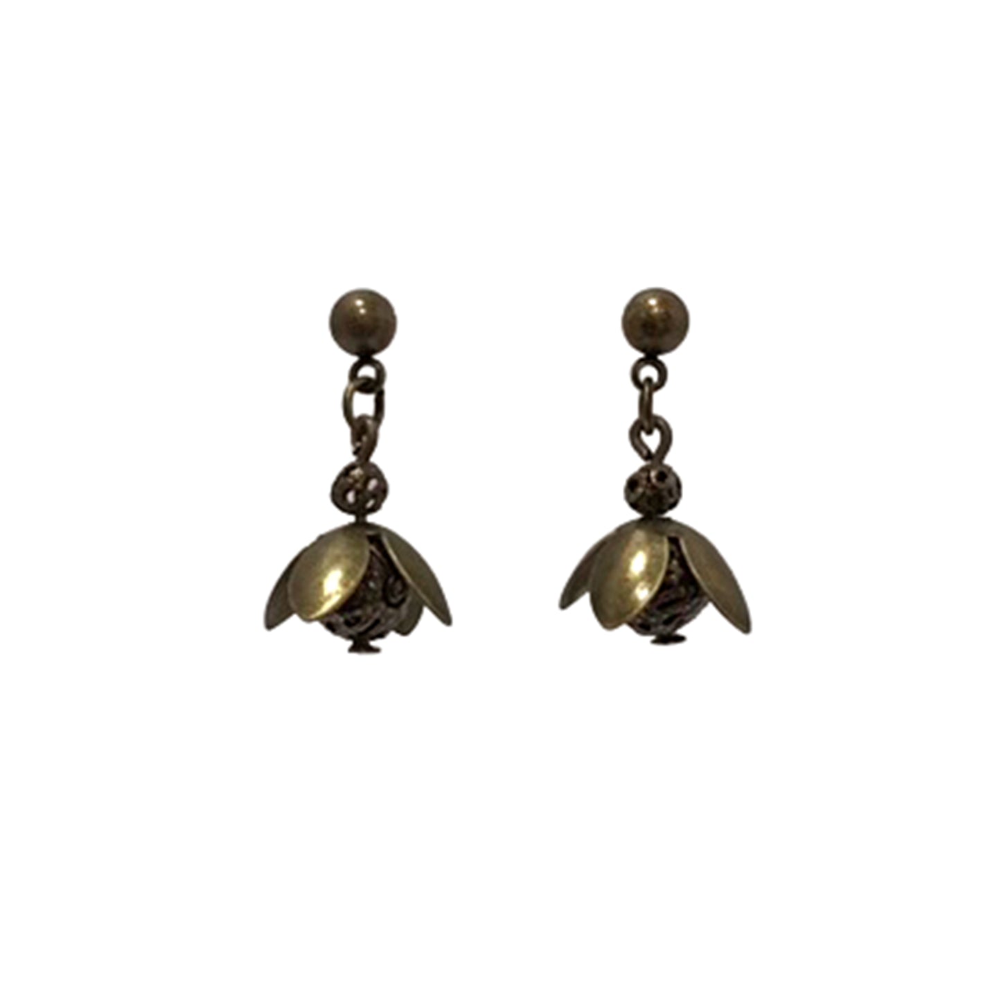 Pair of bronze flower petal-shaped earrings on a white background