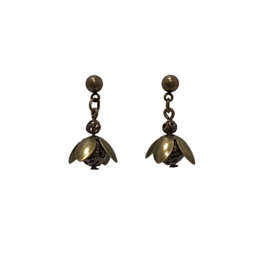 Pair of bronze flower petal-shaped earrings on a white background