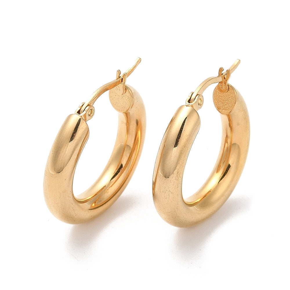A pair of 18K gold stainless steel hoop earrings.