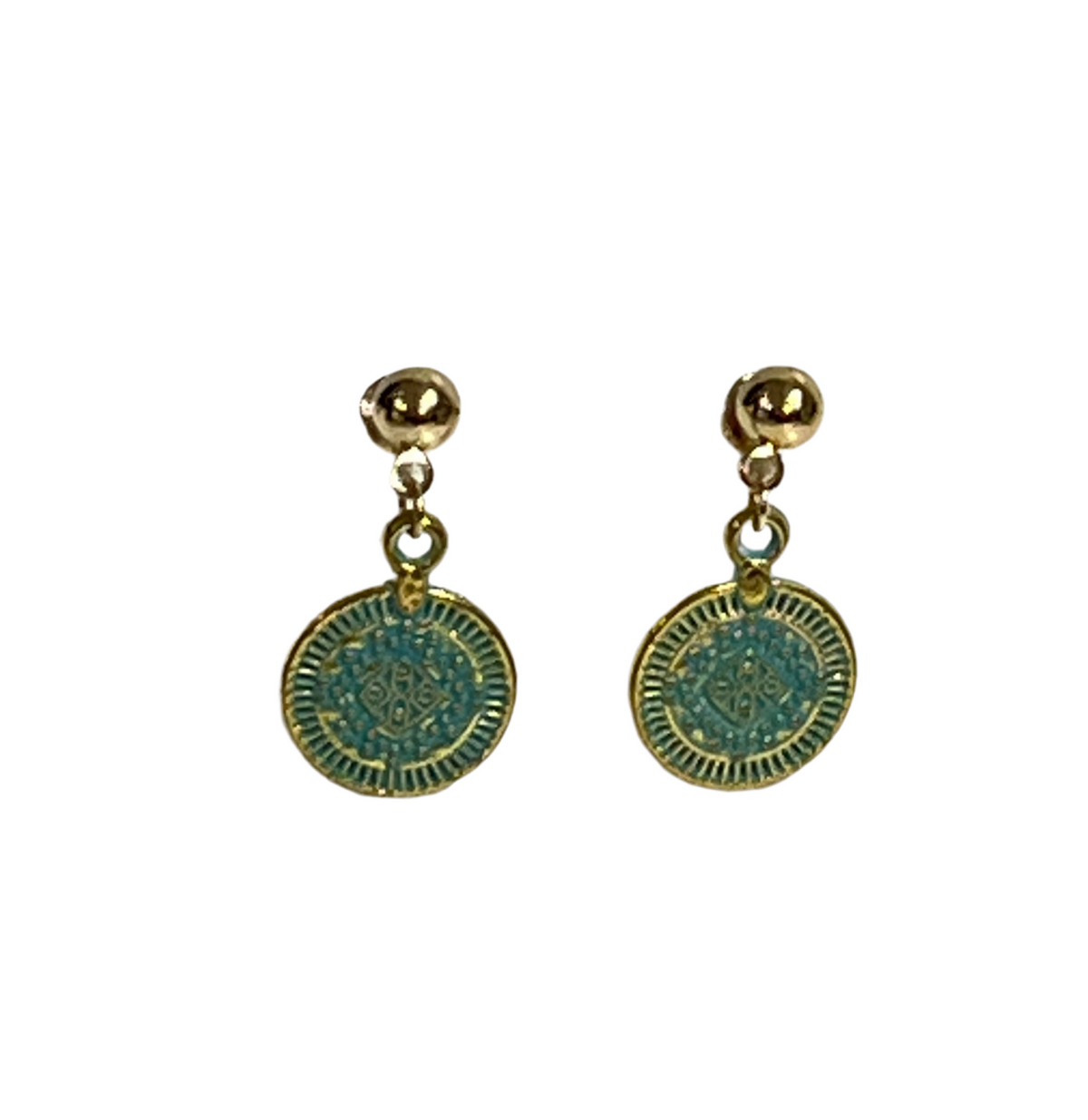 Pair of gold and petina coin charm earrings on a white background