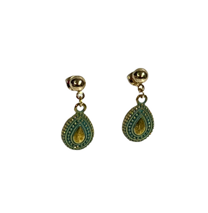Pair of gold and green teardrop earrings on a white background
