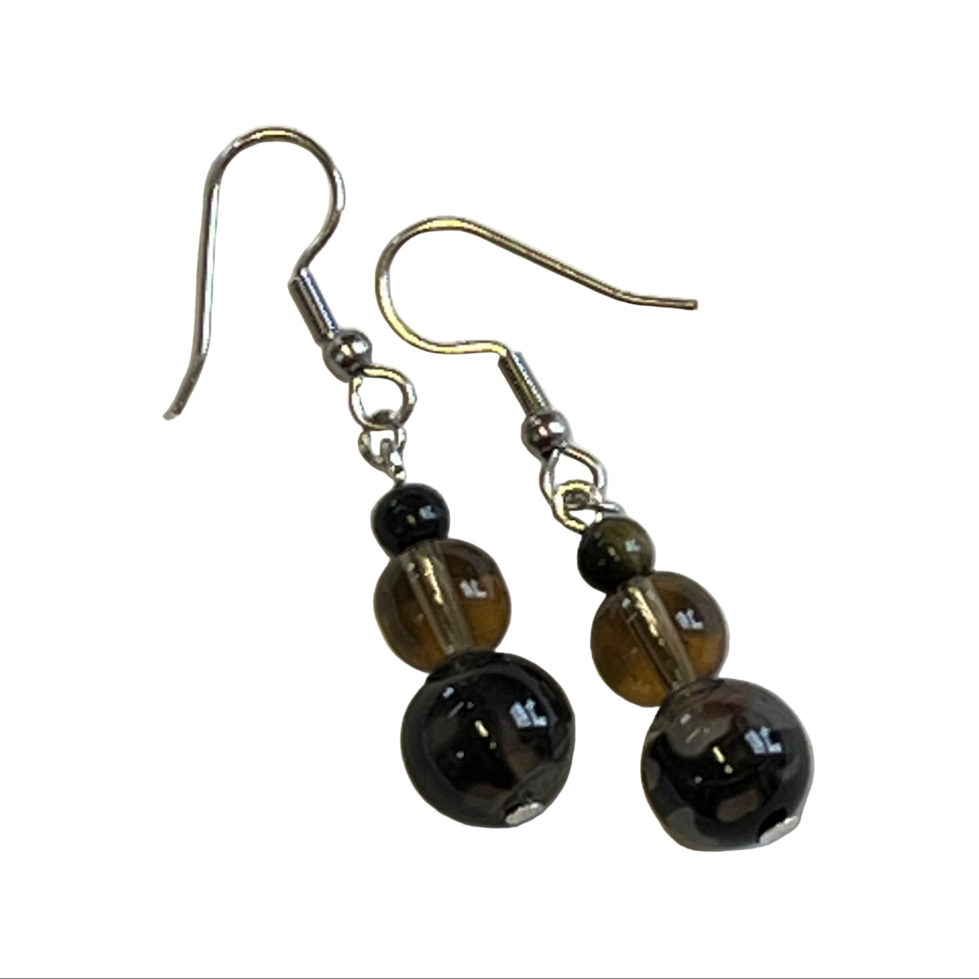 natural stone and catseye 3 bead drop earrings on stainless steel silver hooks