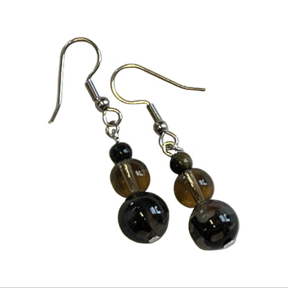 natural stone and catseye 3 bead drop earrings on stainless steel silver hooks