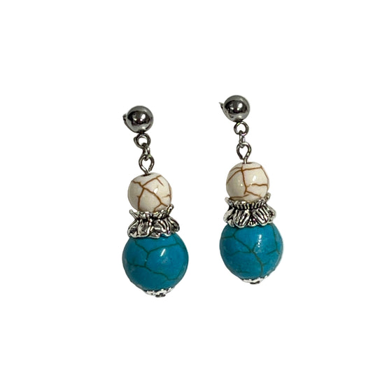 two Turquoise stone beads silver filagree finding drop earrings