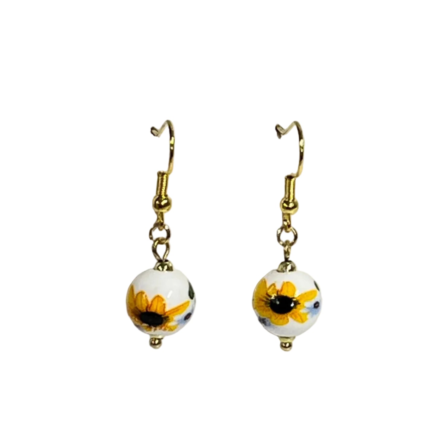 Pair of earrings with sunflower design on ceramic bead