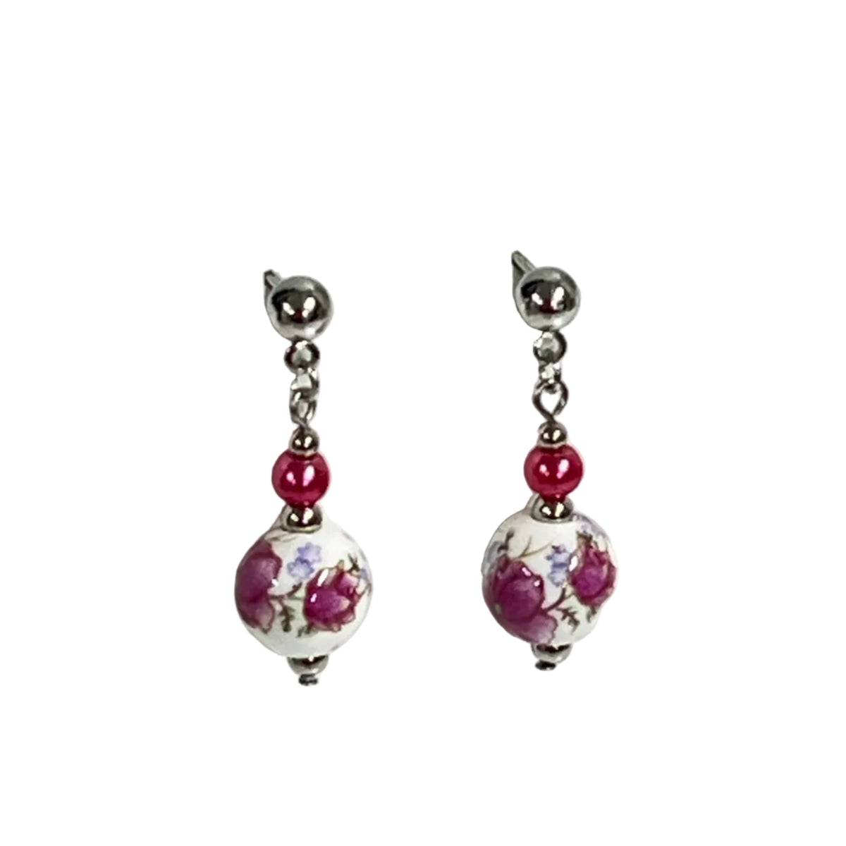 Pair of earrings with floral painted cermic beads