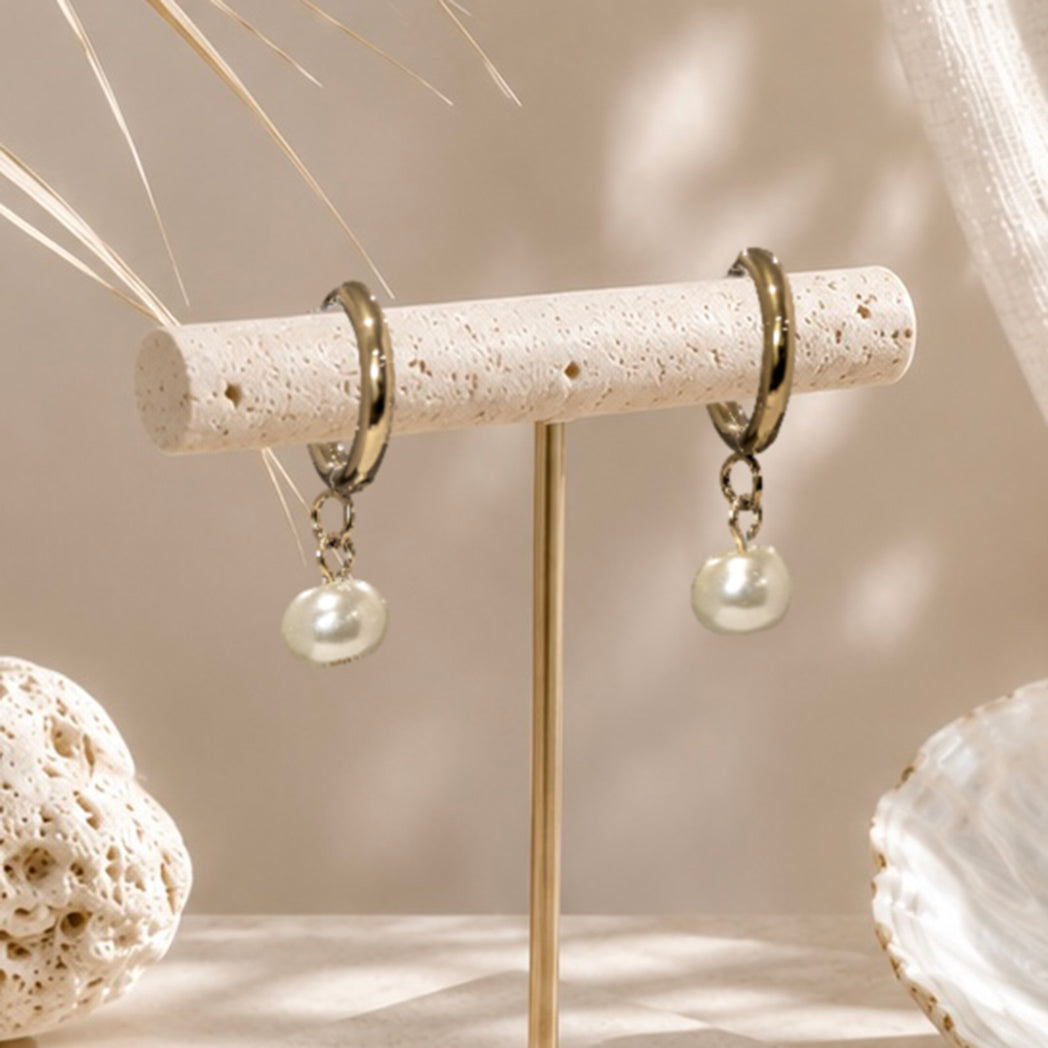 Earrings, Pearl Huggie Hoops