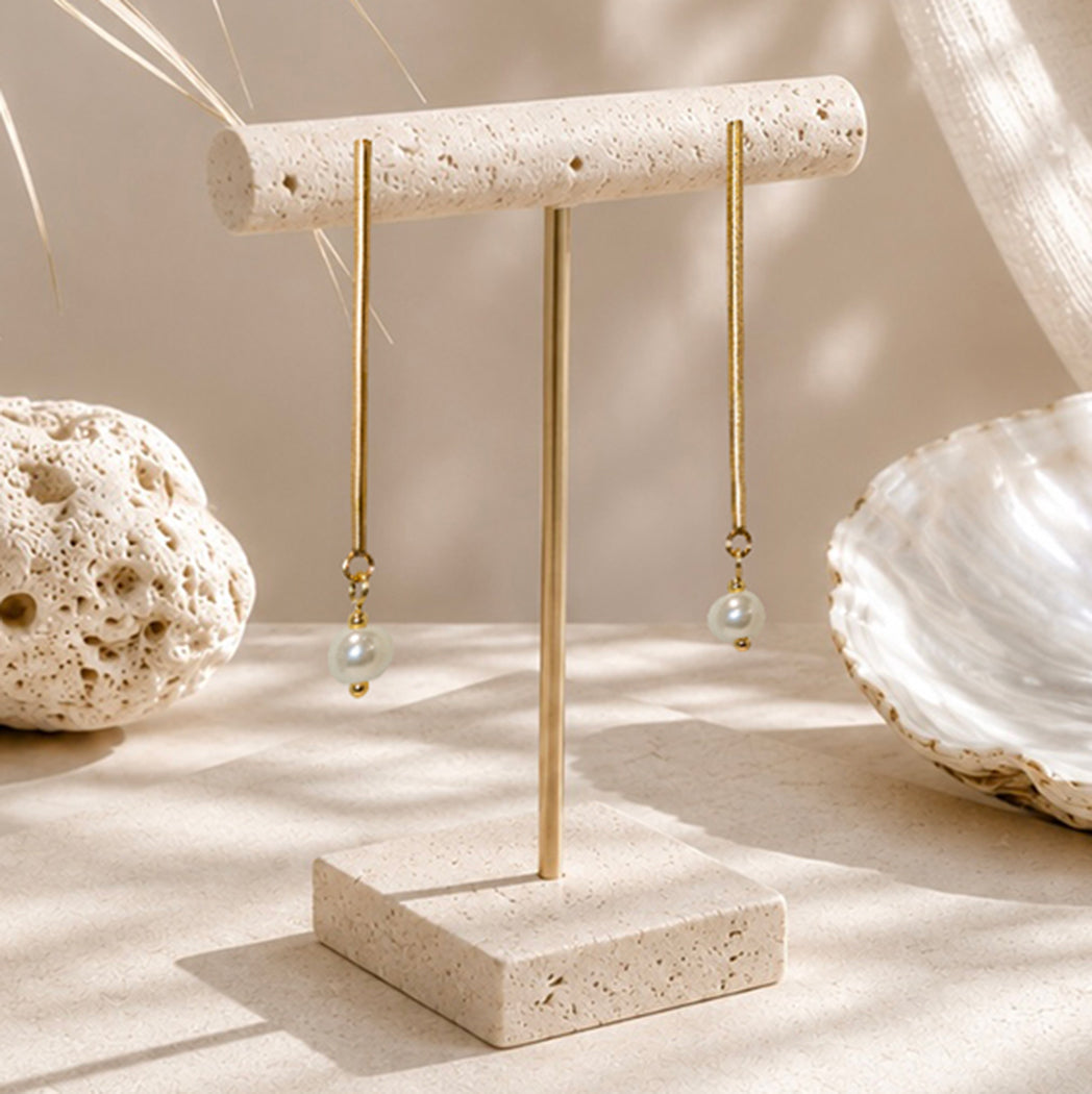 Earrings, Gold Bar & Pearl Drop