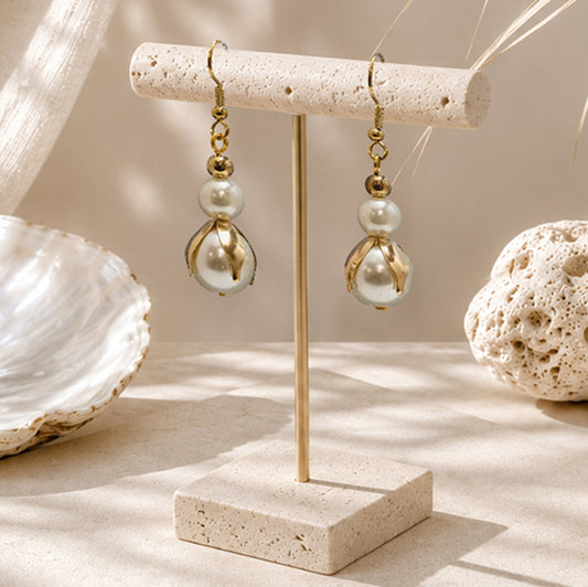 Earrings, Gold Petal Pearl Drop