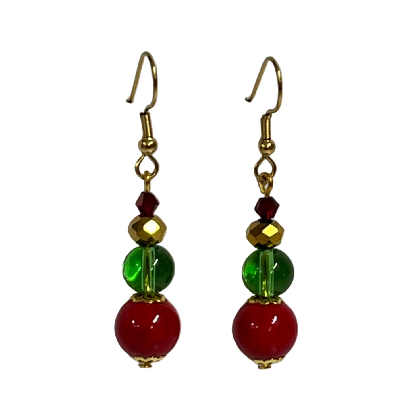 Christmas Earrings with red  green and gold beads stainless steel hooks.