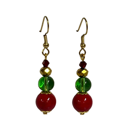 Christmas Earrings with red  green and gold beads stainless steel hooks.