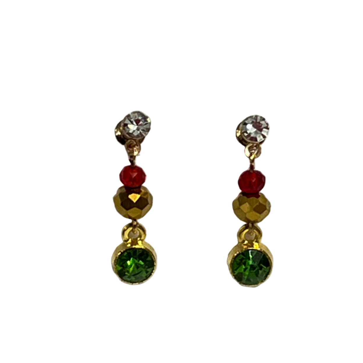 Christmas Earrings with red and gold beads stainless steel rhinestone post.