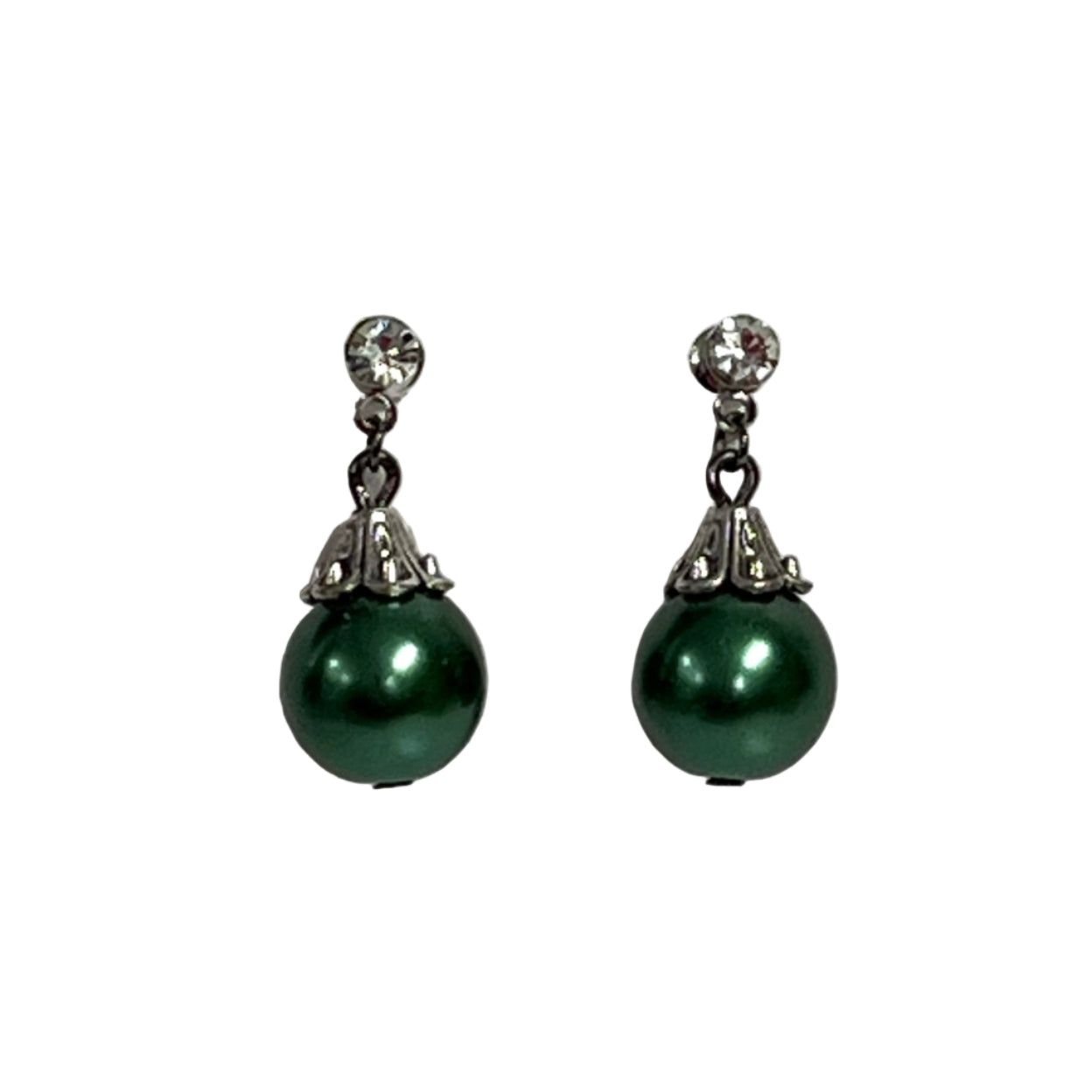Christmas Earrings with green bauble beads stainless steel rhinestone posts.